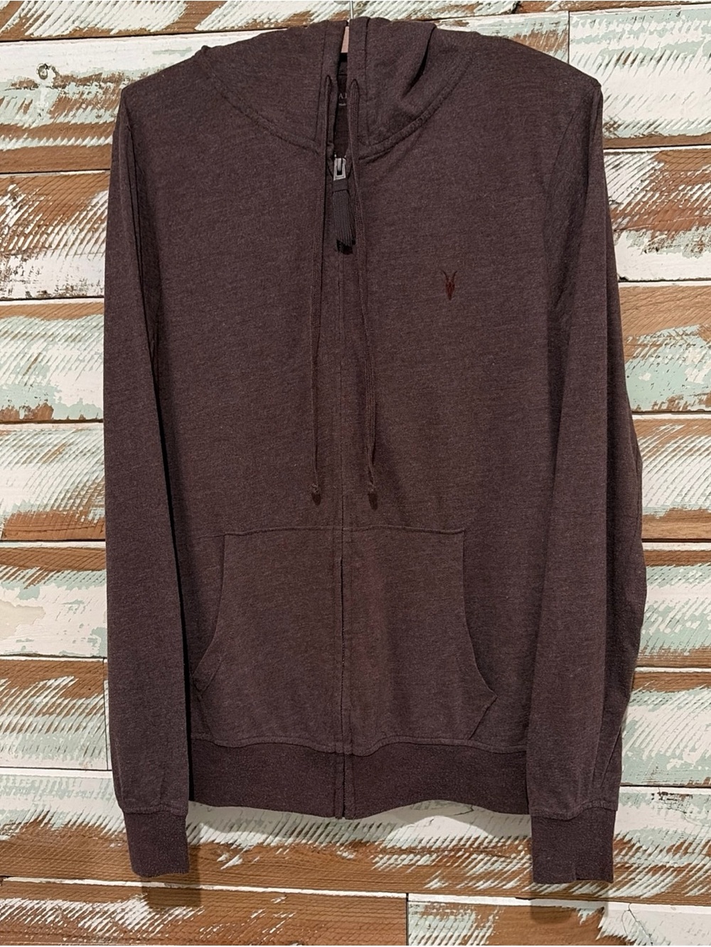 ALLSAINTS Brace Hoody Brown Zip-up Ramskull Brushed Cotton Hoodie Size M